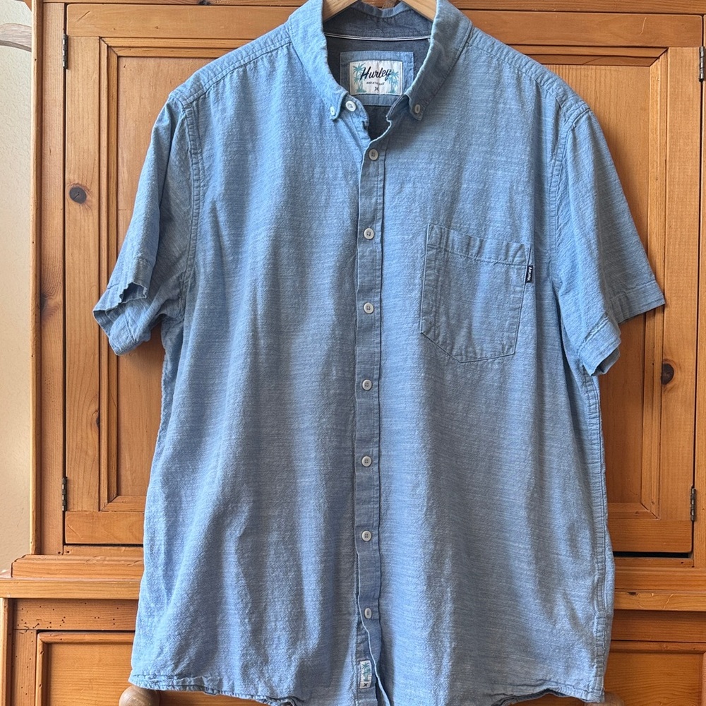 Hurley Cotton Slub Denim Blue Casual Button-Down Shirt, XXL